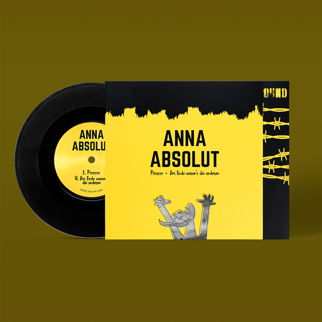 Split Album von "S.I.G." und "Anna Absolut" auf 7 Inch Vinyl. Rückansicht. Schwarz-gelbes Cover, schwarze Schallplatte.