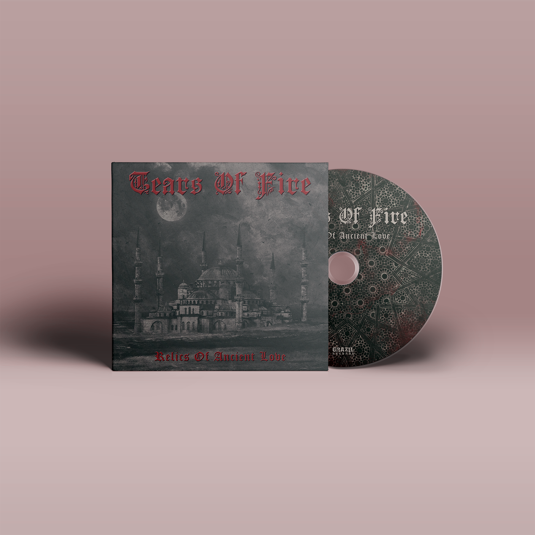 "Relics Of Ancient Love" CD der Band "Tears of Fire". Grau-braunes CD-Cover mit roter Schrift. Grau-braune CD mit heller Schrift.