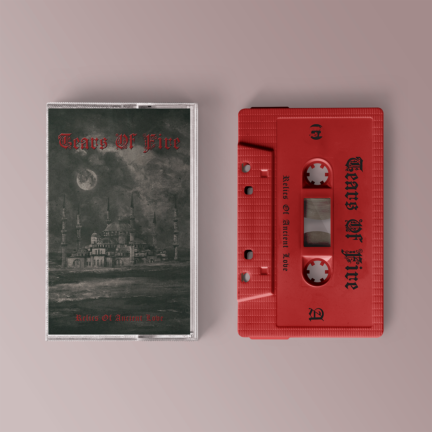 "Relics Of Ancient Love" Tape der Band "Tears of Fire". Grau-braunes Tape-Cover mit roter Schrift. Rotes Tape. mit schwarzer Schrift.
