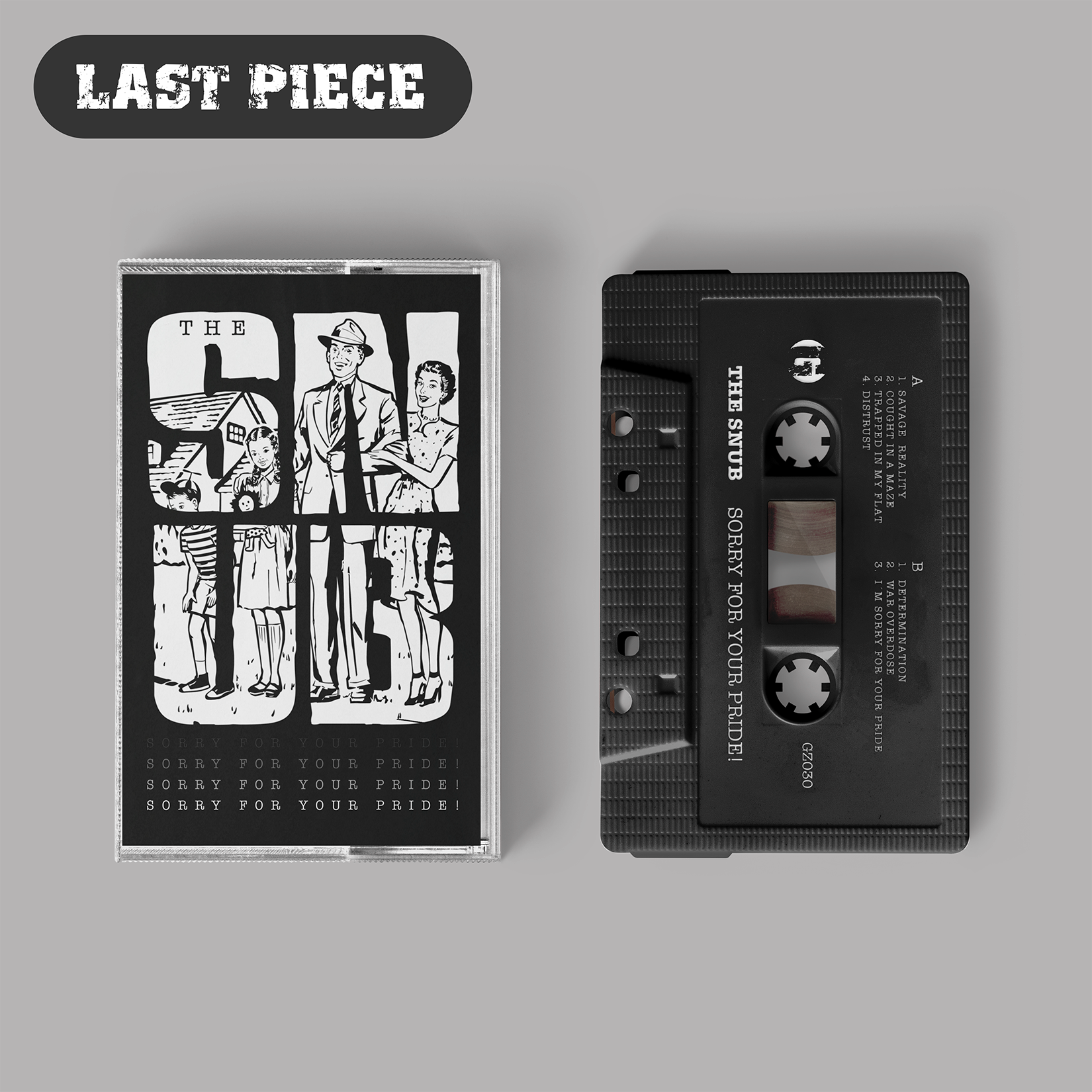 "Sorry For Your Pride!" von "The Snub" auf Tape. Schwarz-weißes Tape-Cover, schwarzes Tape.