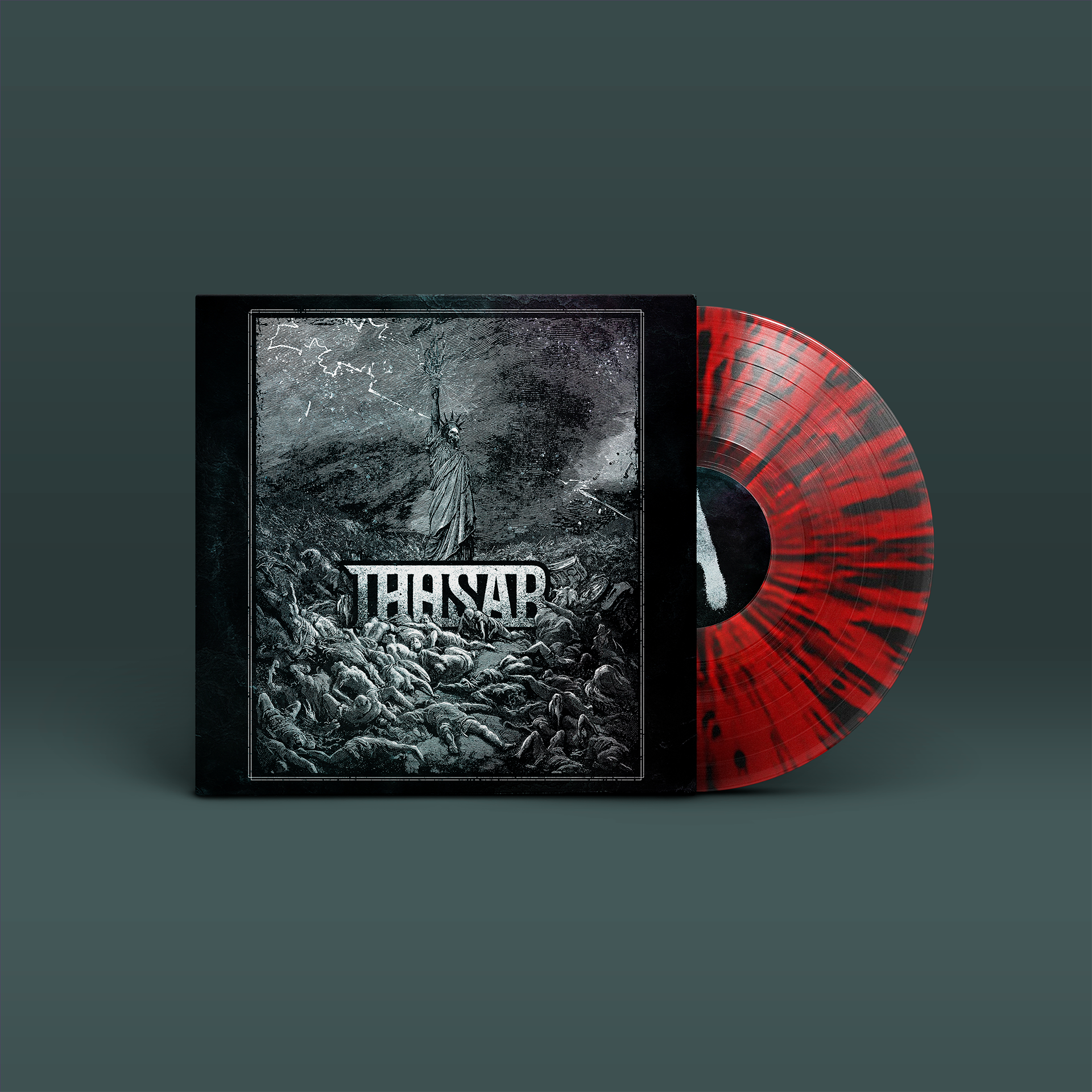 "Built On Bodies" von "Thosar". Schwarzes Cover mit weißem Motiv, rot-schwarze Splatter Schallplatte.