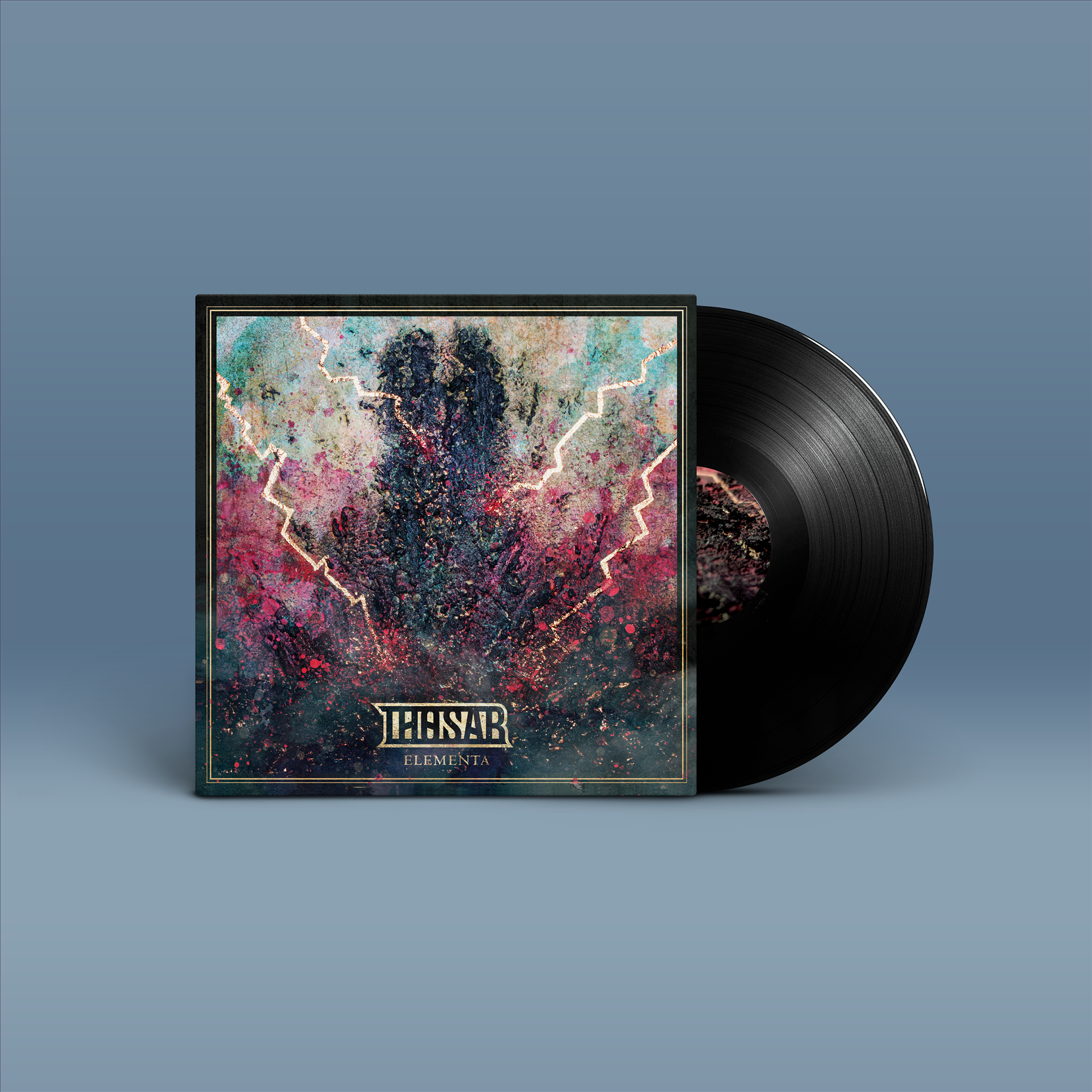 "Elementa" von "Thosar" auf Vinyl. Schwarz-grün-pinkes Tape-Cover, schwarze Schallplatte.