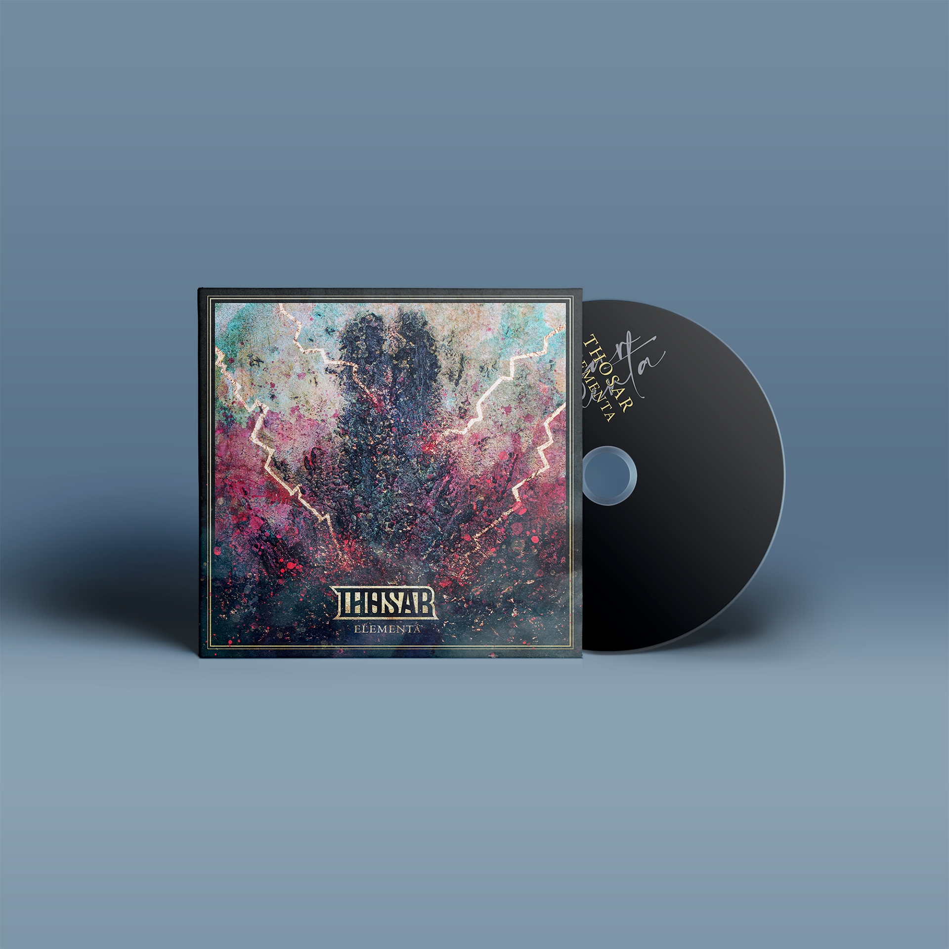 "Elementa" von "Thosar" auf CD. Schwarz-grün-pinkes Tape-Cover, schwarze CD mit goldener Schrift.