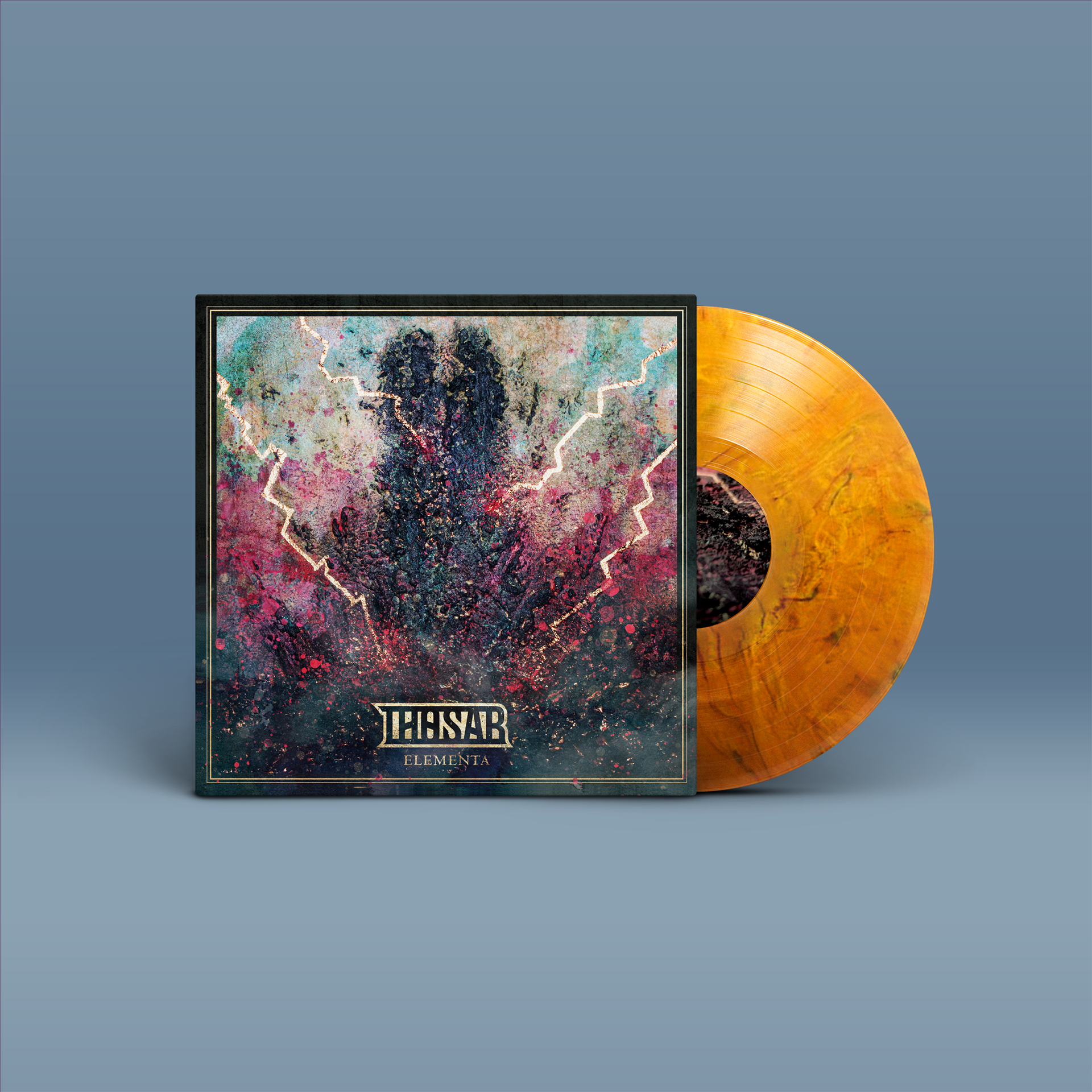 "Elementa" von "Thosar" auf Vinyl. Schwarz-grün-pinkes Tape-Cover, orange Schallplatte.