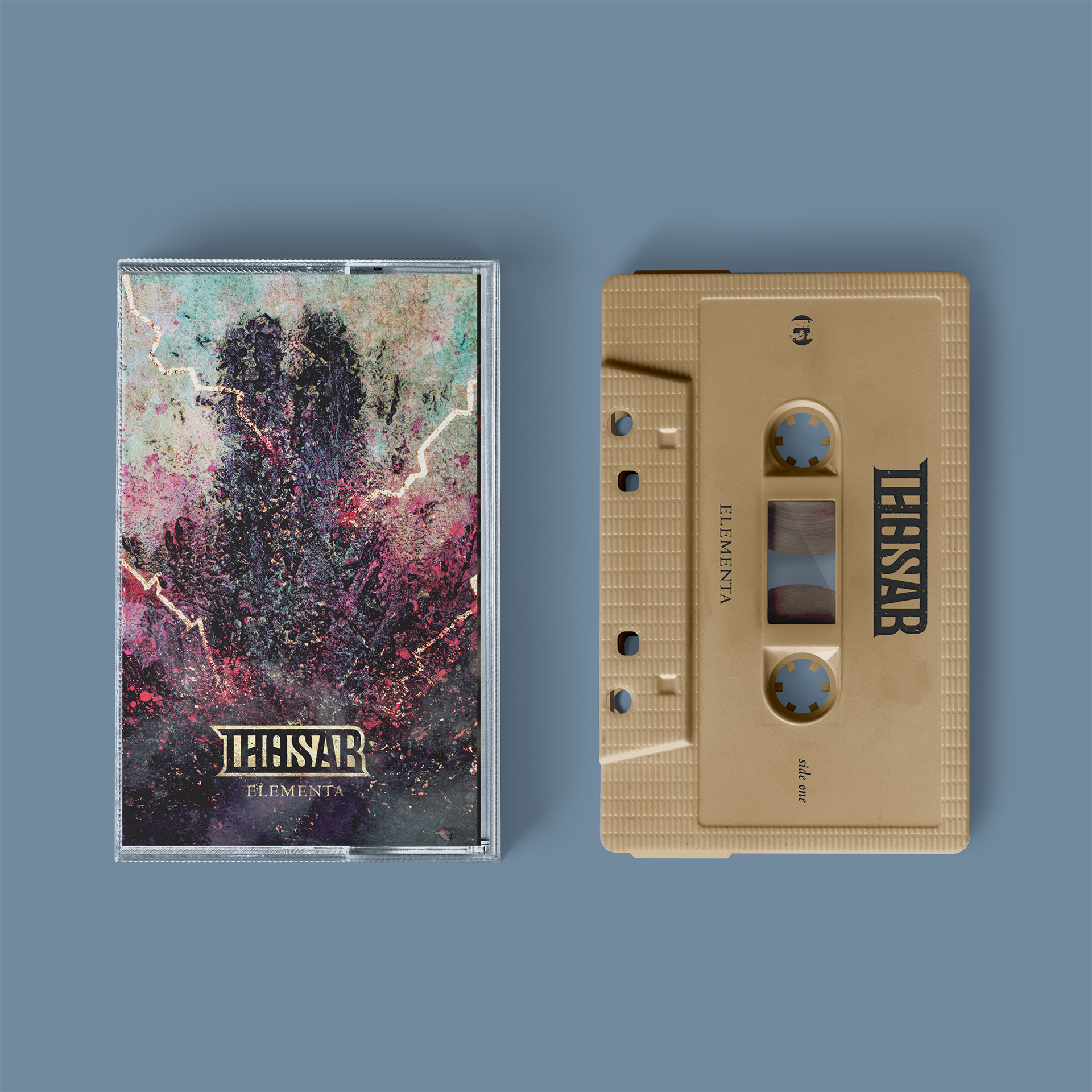 "Elementa" von "Thosar" auf Tape. Schwarz-grün-pinkes Tape-Cover, goldenes Tape mit schwarzer Schrift.