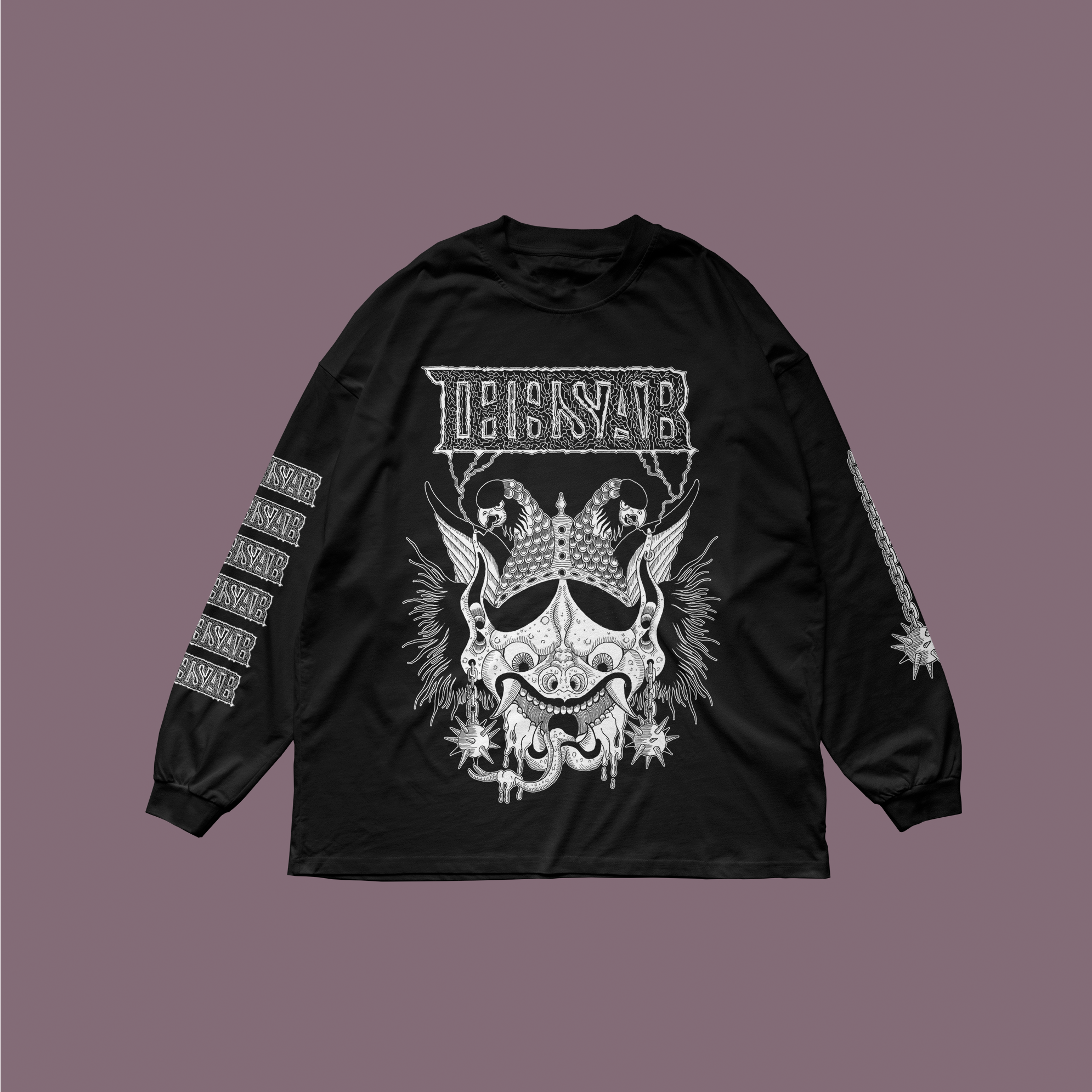 Schwarzes Langarmshirt mit weißem Aufdruck:
Drachenkopf mit Helm. Darüber das Thosar Logo, auf dem linken Ärmel viele kleine Thosar-Logos, auf dem rechten Ärmel eine Illustration.