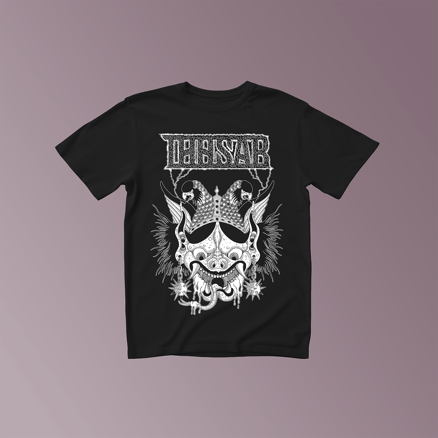 Schwarzes T-Shirt mit weißem Aufdruck:
Drachenkopf mit Helm. Darüber das Thosar Logo.