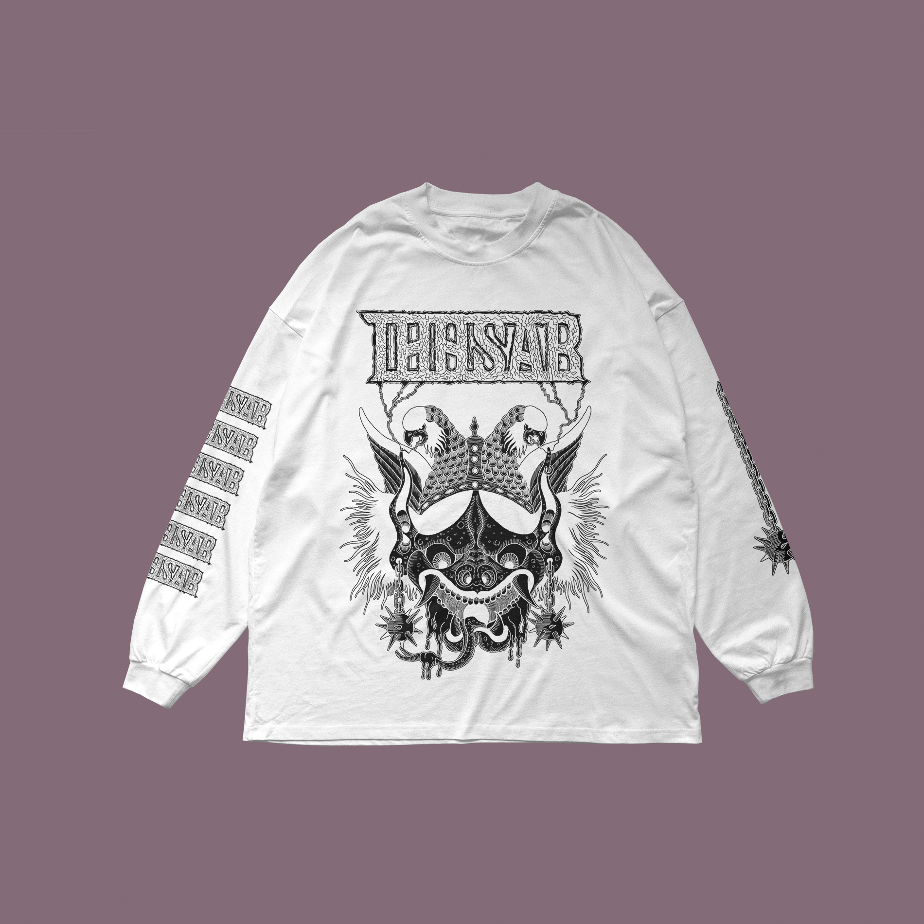 Weißes Langarmshirt mit schwarzem Aufdruck:
Drachenkopf mit Helm. Darüber das Thosar Logo, auf dem linken Ärmel viele kleine Thosar-Logos, auf dem rechten Ärmel eine Illustration.