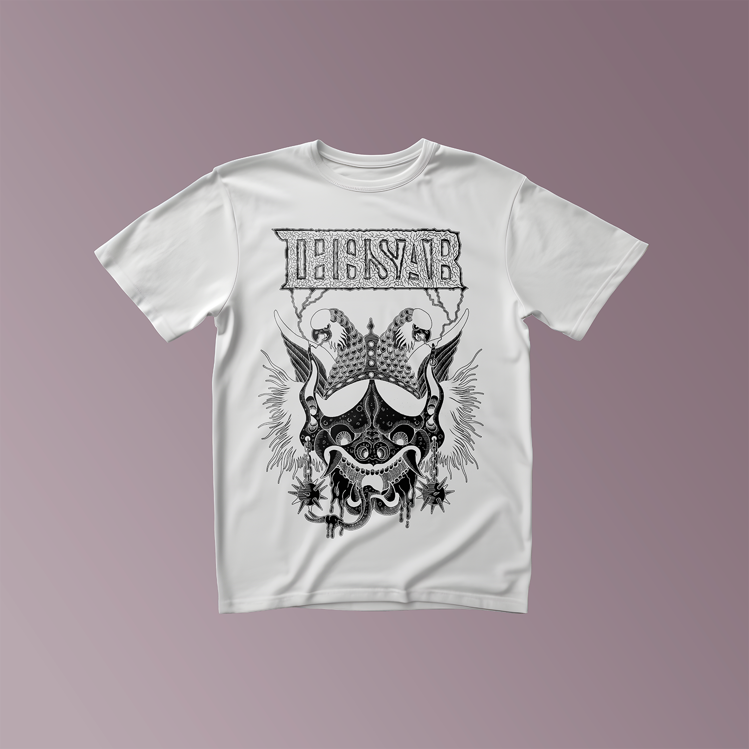 Weißes T-Shirt mit schwarzem Aufdruck:
Drachenkopf mit Helm. Darüber das Thosar Logo.