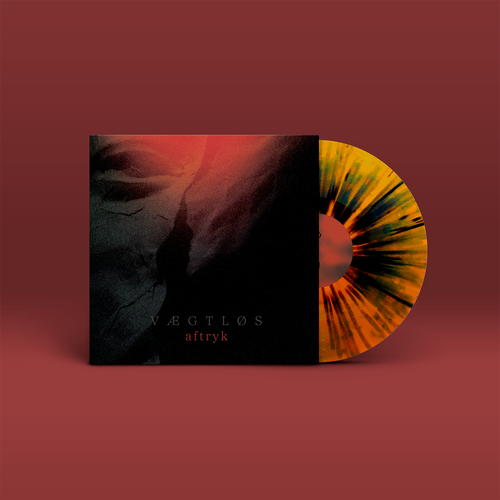 "Aftryk" von "Vægtløs" auf Vinyl. Schwarz-rot-graues Cover, gelb-schwarze Splatter-Schallplatte.