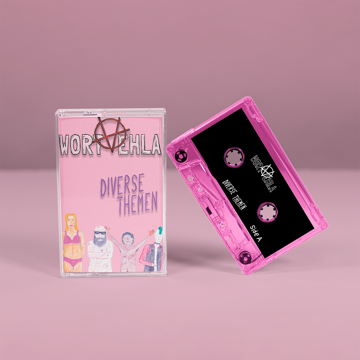 "Diverse Themen" von "Wortvehla". Rosa Cover mit buntem Motiv, pink-schwarzes, transparentes Tape.
