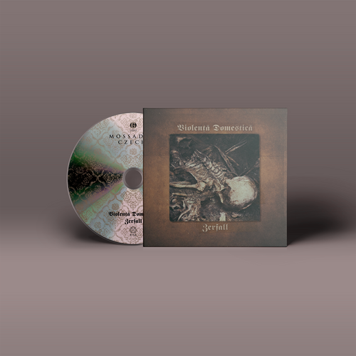 "Czech/Zerfall" Split Album von "Mossadeq" und "Violenta Domestica" auf CD, Rückansicht. Braunes Cover, silberne CD mit Muster und schwarzer Schrift.
