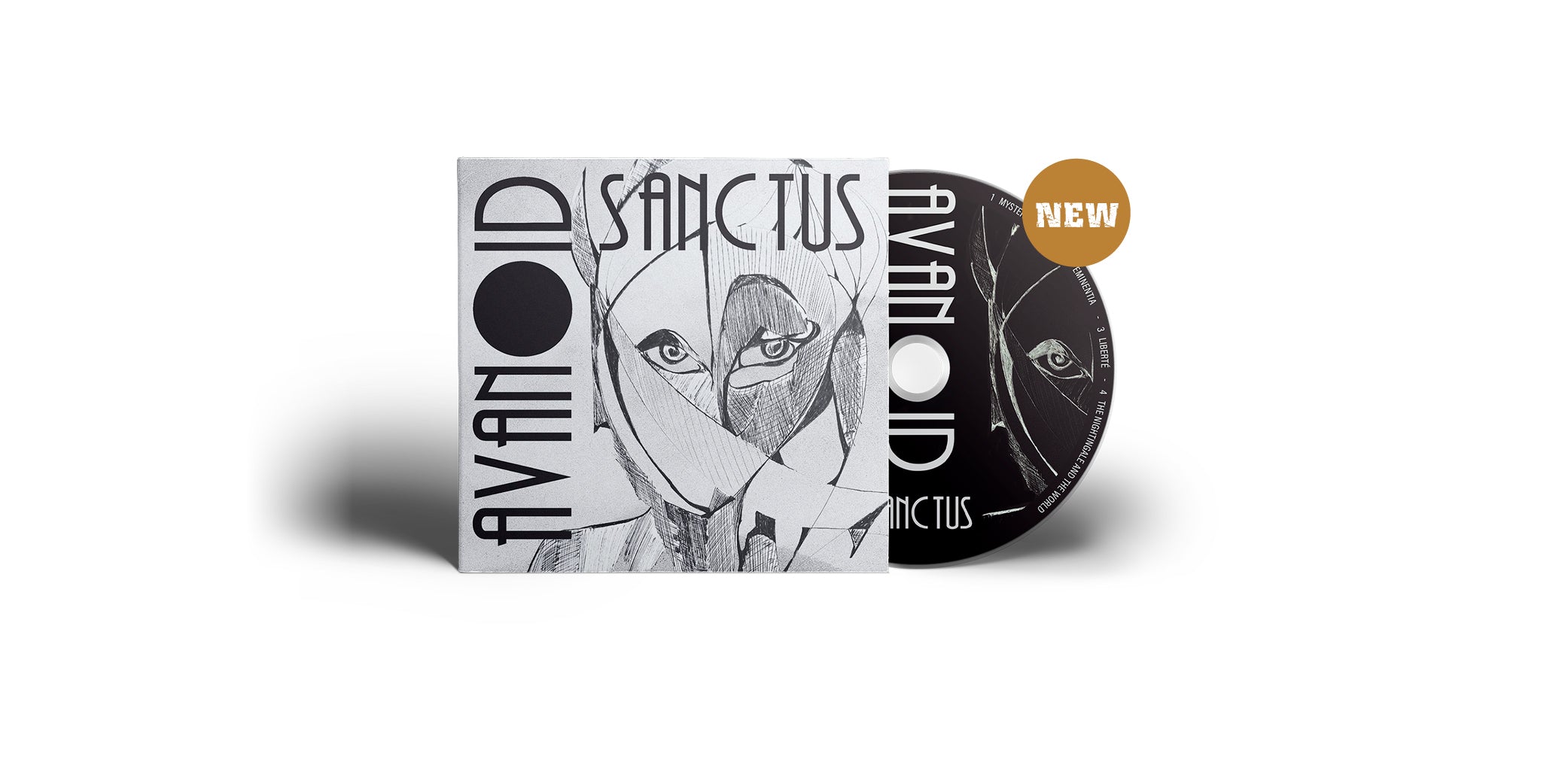 Das Album "Sanctus" der Band "Avanoid". Weißes Cover mit schwarzem Motiv, schwarze Disc mit weißem Motiv, darüber ein ockerfarbener Button mit dem Text "NEW".