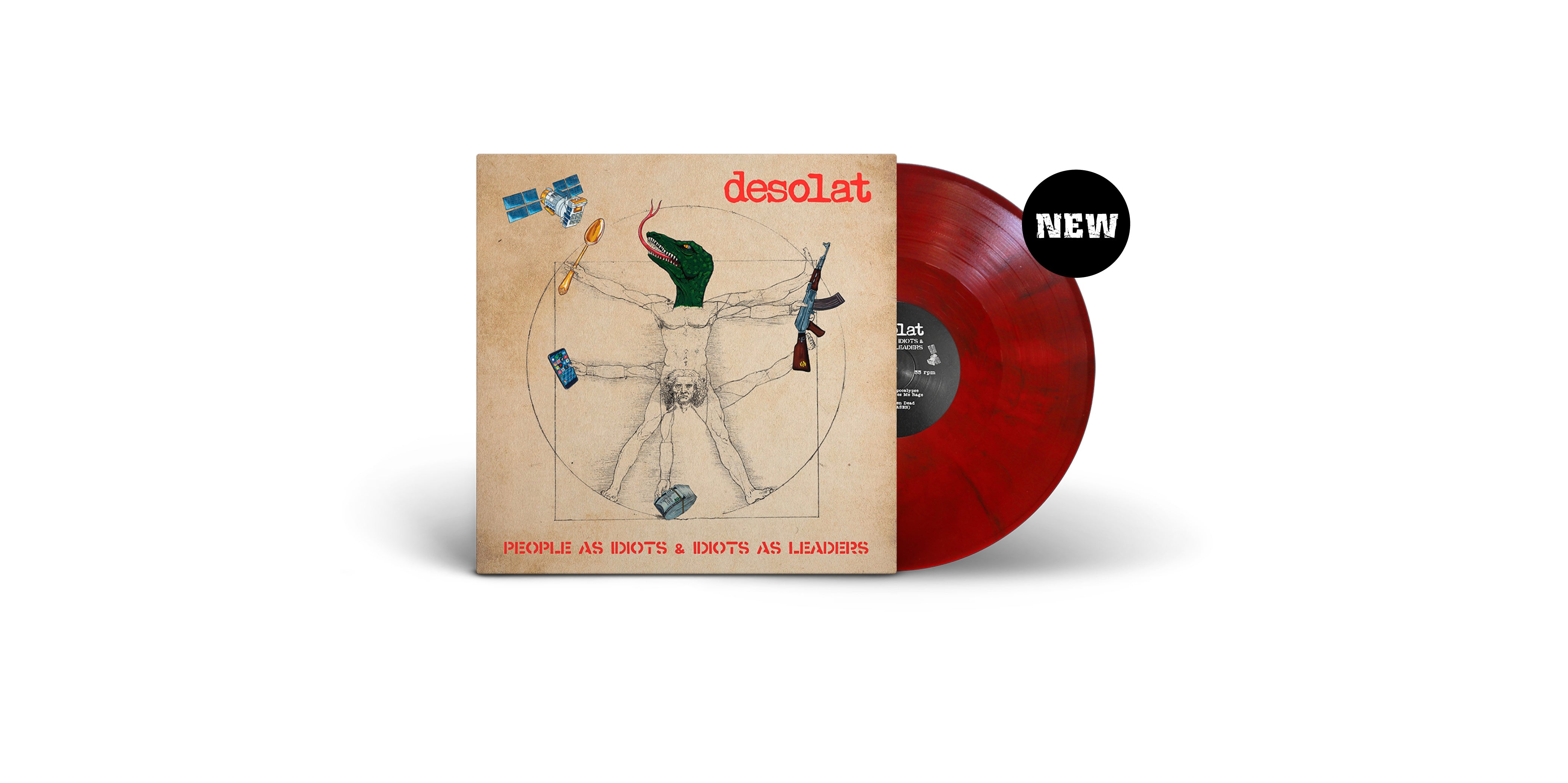 Das Album "People As Idiots And Idiots As Leaders" von Desolat. Beige/braunes Cover, rote Marbled-Schallplatte. Rechts ein schwarzer Button mit dem Text "NEW"