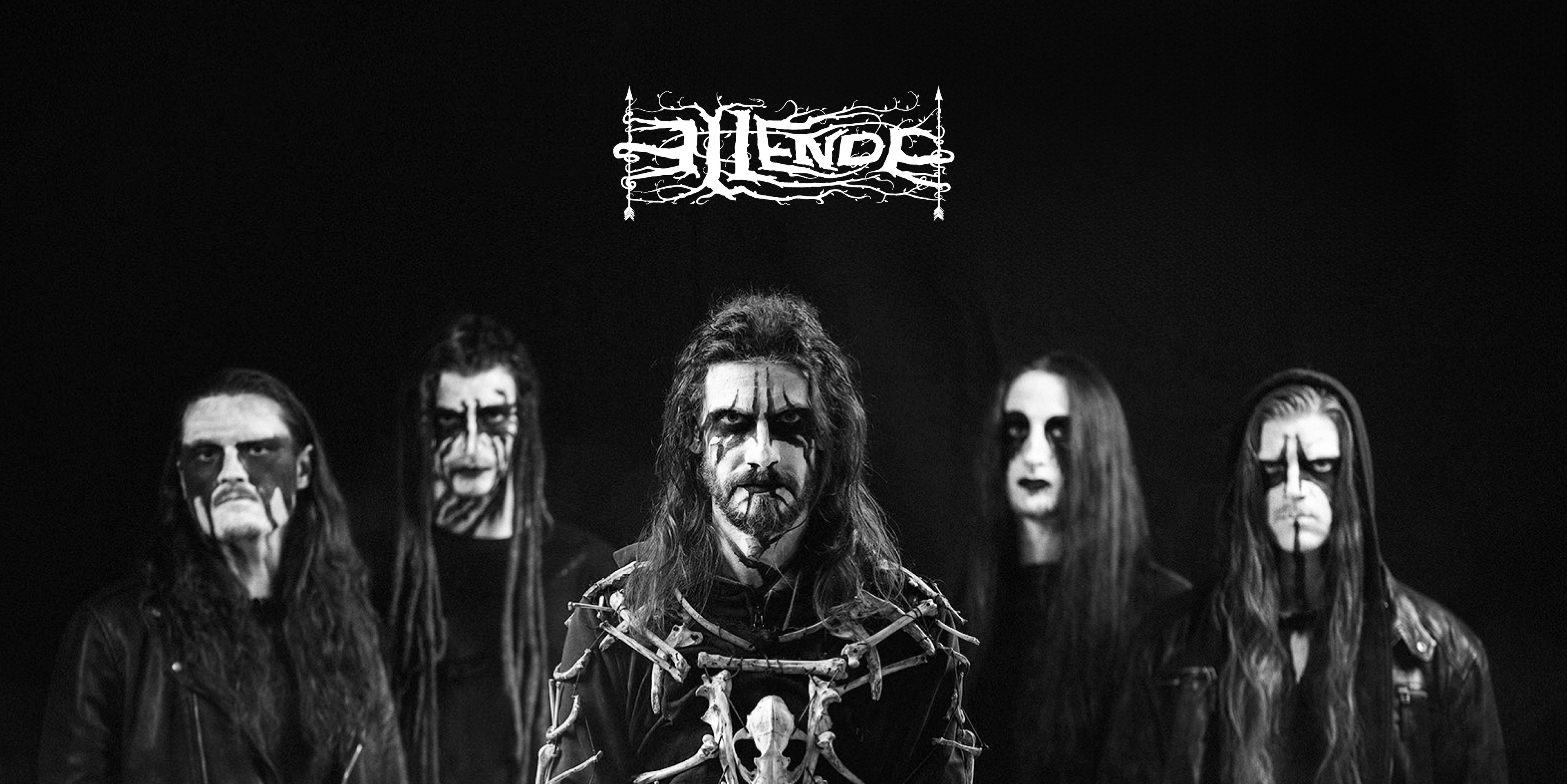 Die Band "Ellende". Fünf Personen mit Corpse Paint stehen nebeneinander. und blicken in die Kamera. Darüber in der Mitte das Logo der Band.