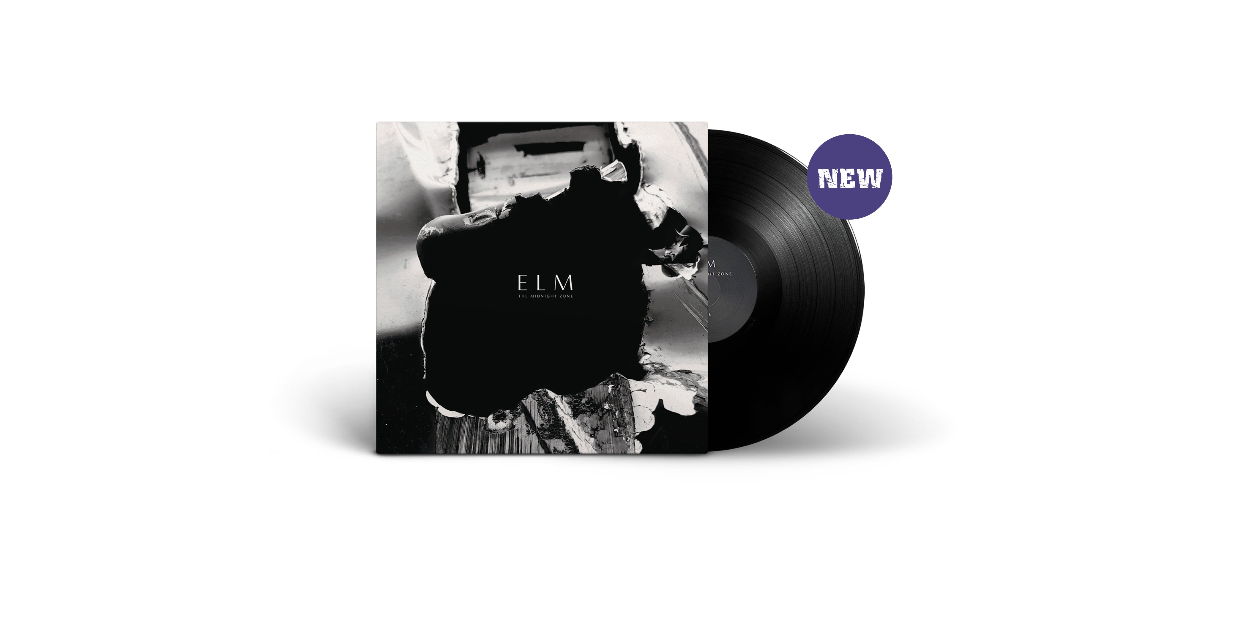 Das Album "The Midnight Zone" von ELM auf Vinyl. Schwarz-weißes Cover, Schwarze Schallplatte. Rechts ein lila Button mit dem Text "NEW"