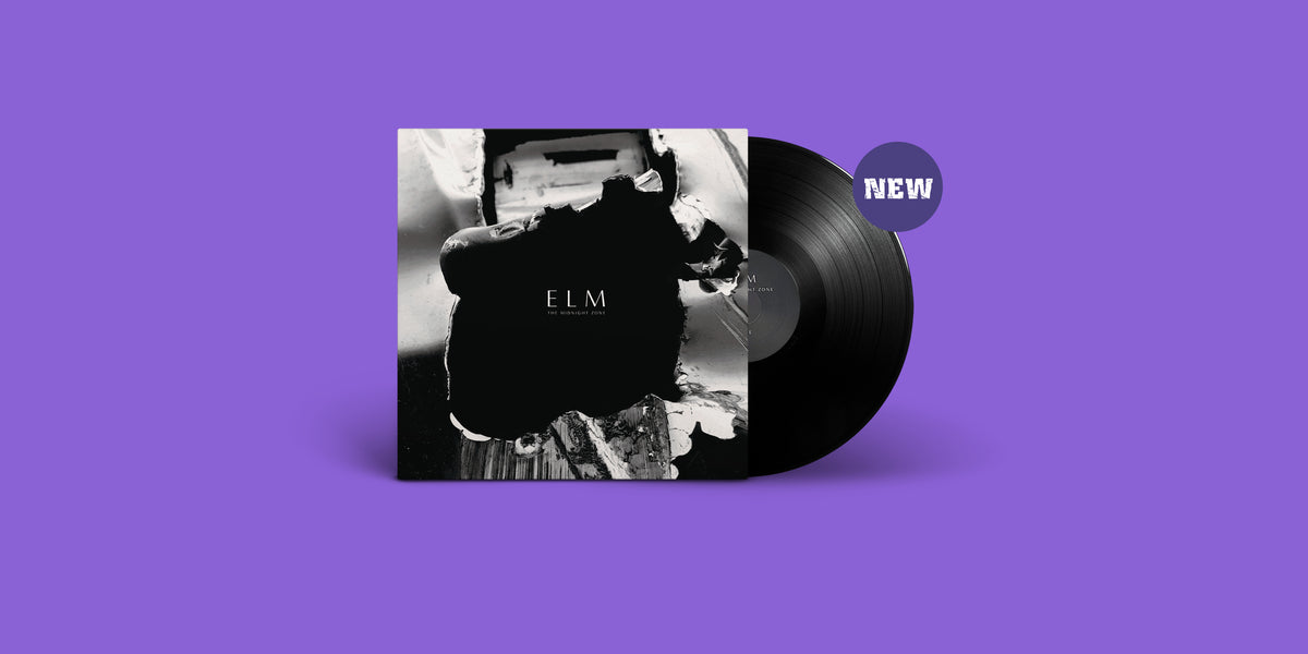 Das Album "The Midnight Zone" von ELM auf Vinyl. Schwarz-weißes Cover, Schwarze Schallplatte. Rechts ein lila Button mit dem Text "NEW".
