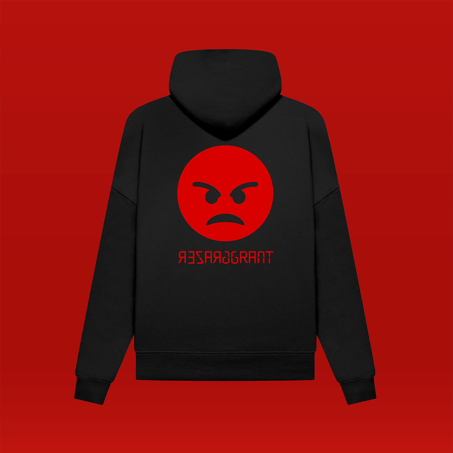 Schwarze Kapuzenweste, Rückansicht. mittig auf dem Rücken ein roter, wütender Smiley, darunter das Logo von "Grazer Grant"