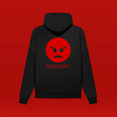 Schwarze Kapuzenweste, Rückansicht. mittig auf dem Rücken ein roter, wütender Smiley, darunter das Logo von "Grazer Grant"