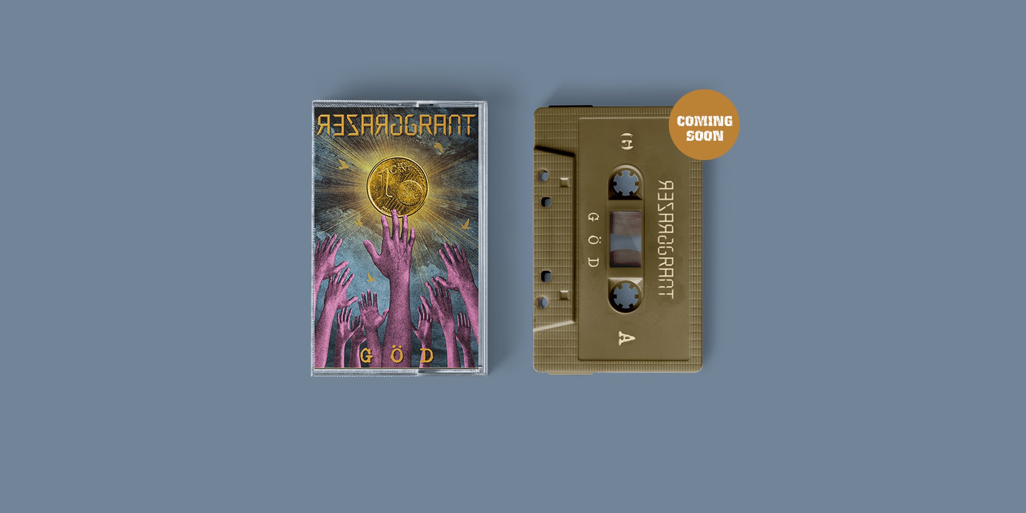 Das Album "Göd" von Grazer Grant. Blau-Pink-Goldenes Tape-Cover, goldenes Tape mit beigem Aufdruck.