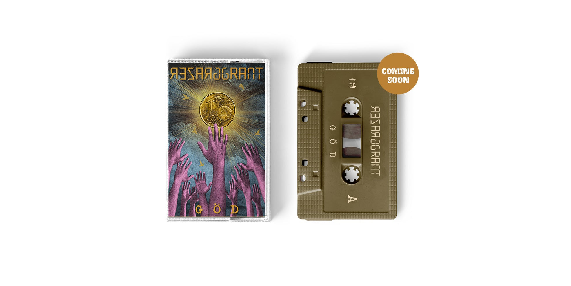 Das Album "Göd" von Grazer Grant. Blau-Pink-Goldenes Tape-Cover, goldenes Tape mit beigem Aufdruck.