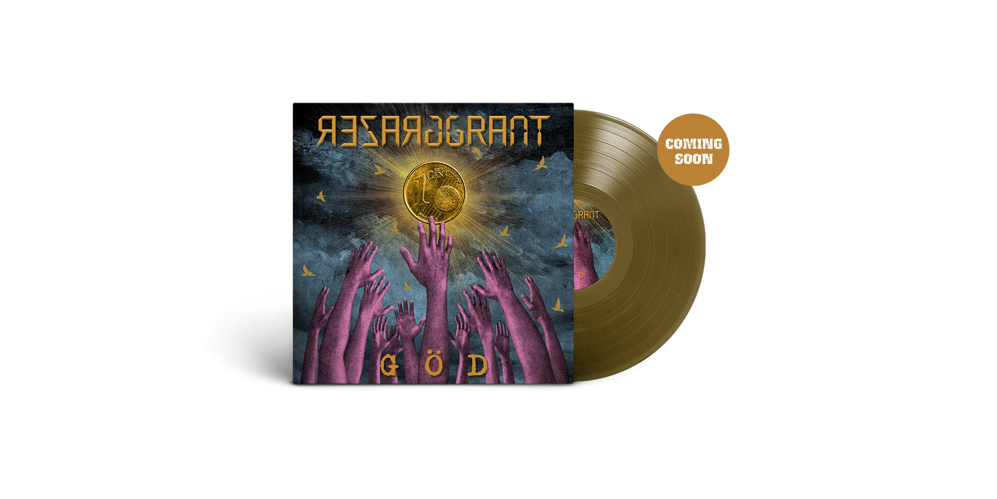 Das Album "Göd" von Grazer Grant. Blau-Pink-Goldenes Vinyl-Cover, goldene Schallplatte.