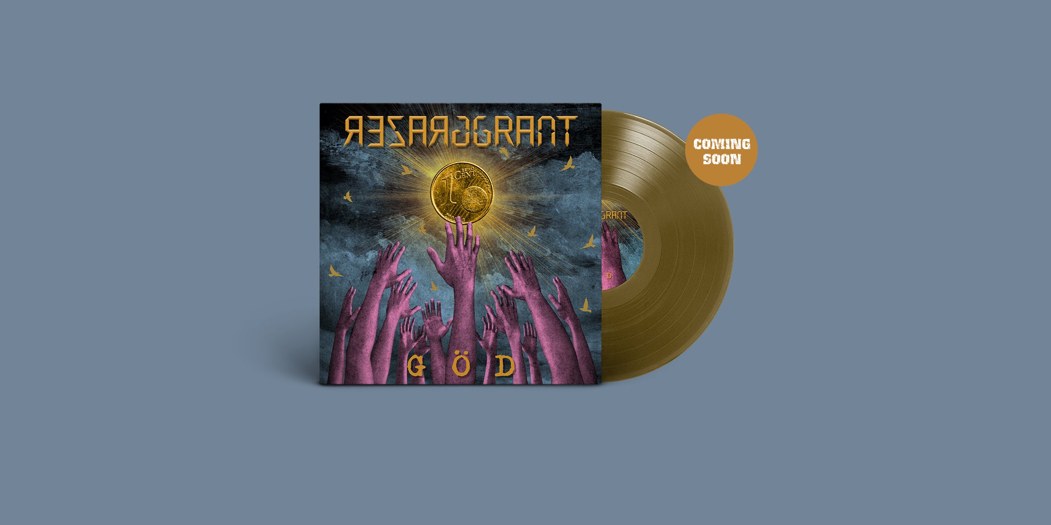 Das Album "Göd" von Grazer Grant. Blau-Pink-Goldenes Vinyl-Cover, goldene Schallplatte.