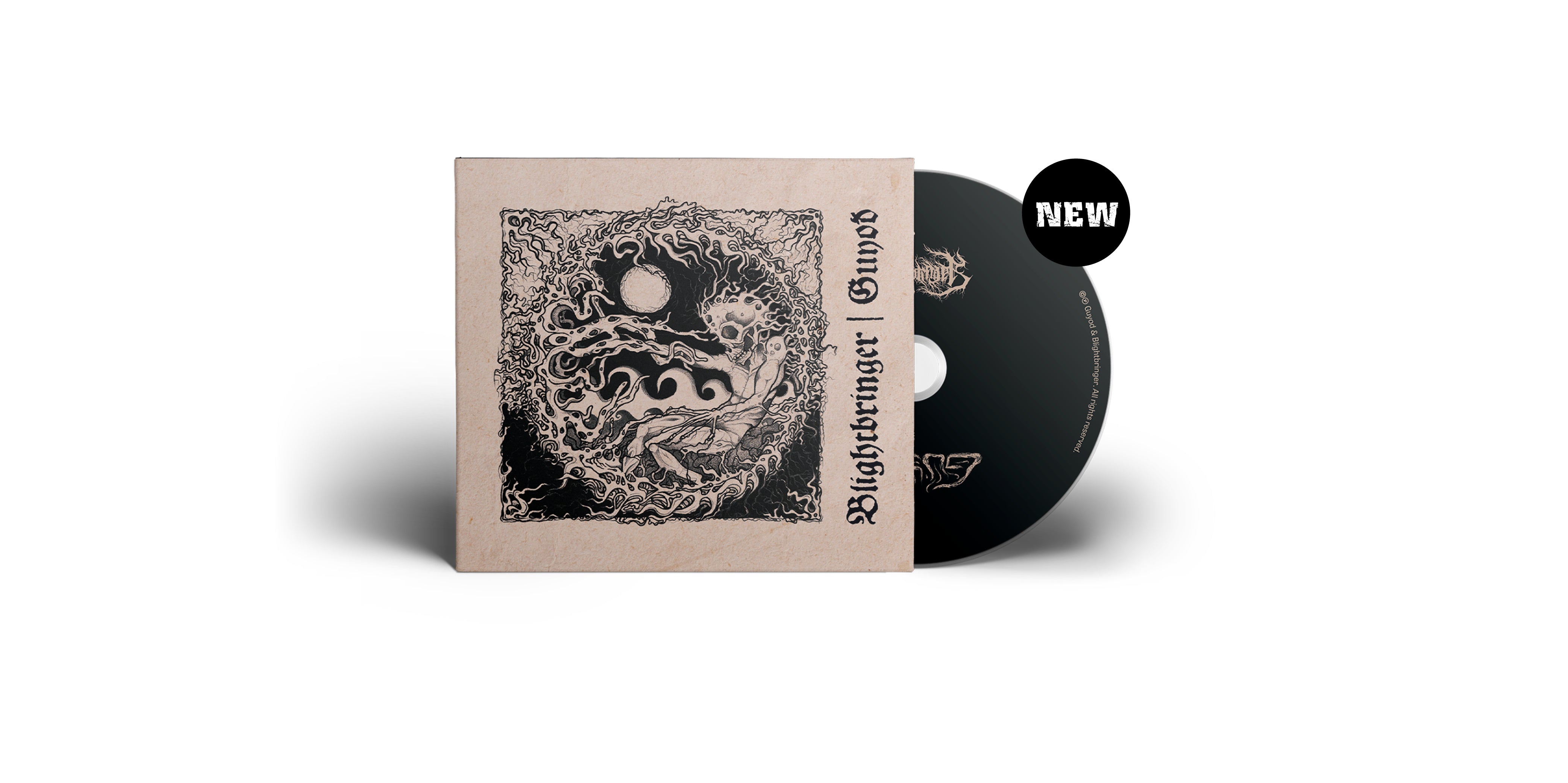 SPLIT-EP von Guyod und Blightbringer. Beiges Cover mit schwarzem Motiv, schwarze Disc.