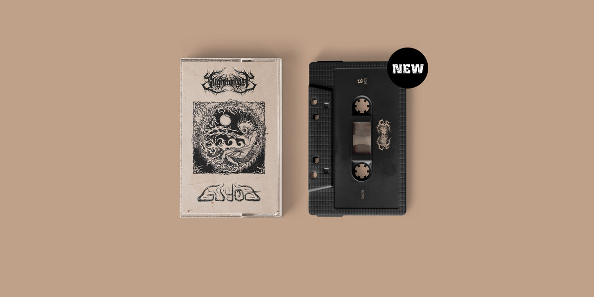 SPLIT EP von Guyod und Blightbringer. Beiges Cover mit schwarzem Motiv, schwarzes Tape mit beigem Aufdruck.