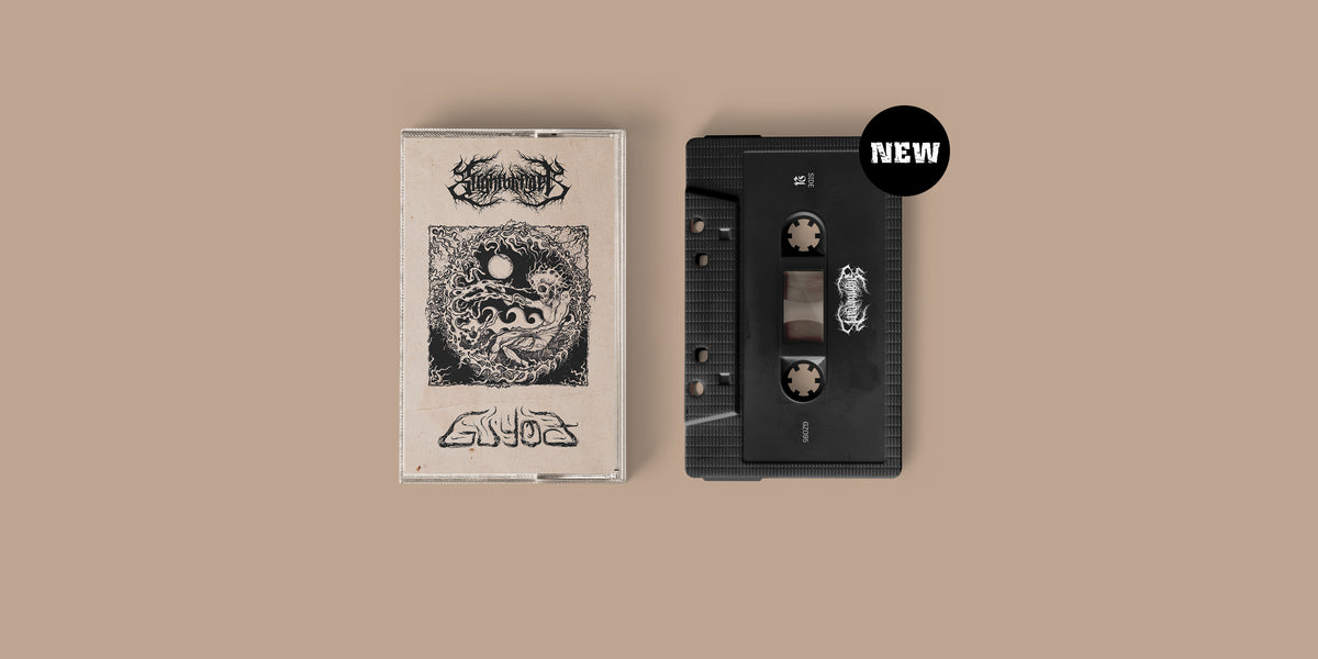 SPLIT EP von Guyod und Blightbringer. Beiges Cover mit schwarzem Motiv, schwarzes Tape mit beigem Aufdruck.