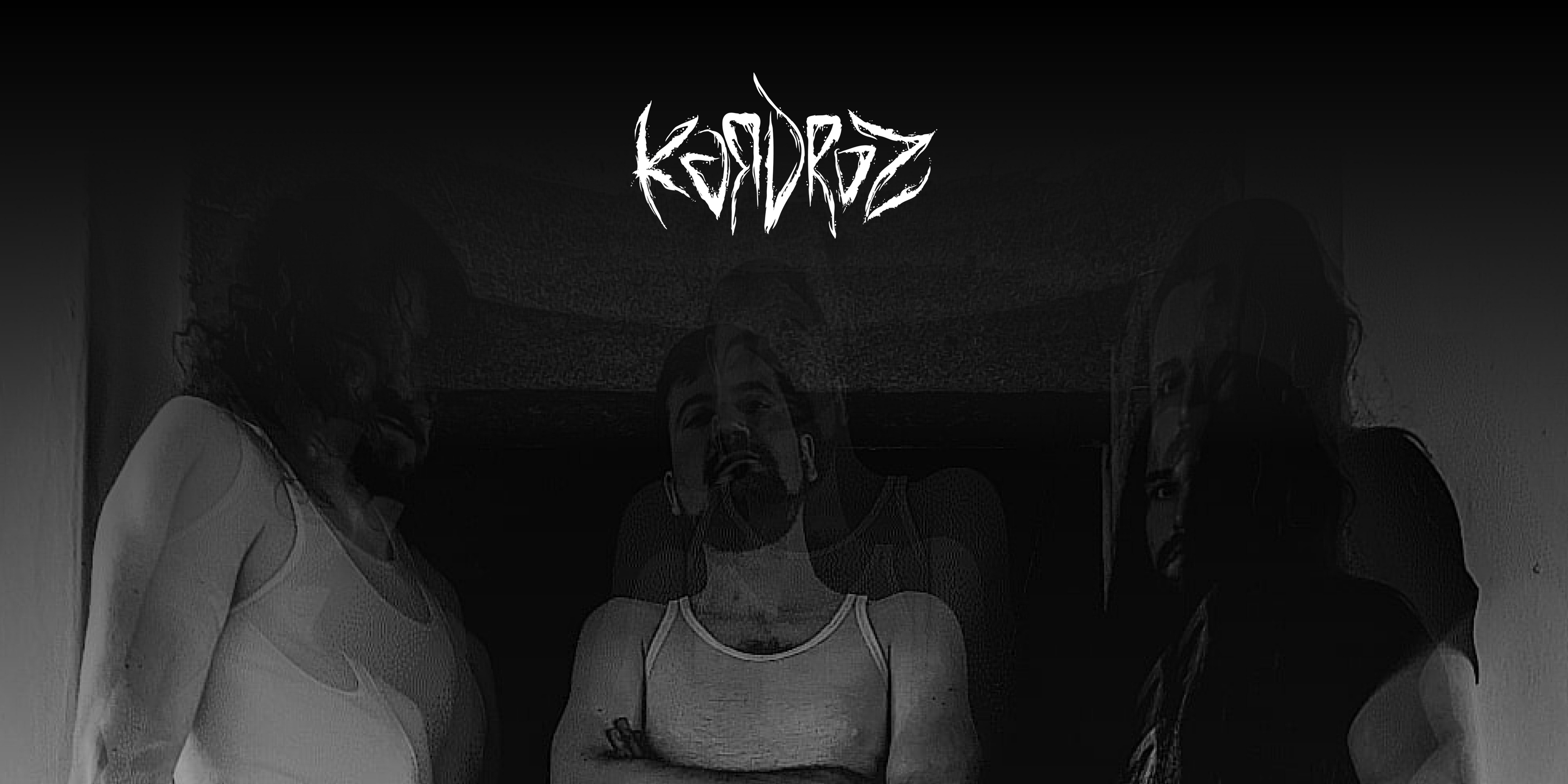 Die Band "Kardroz". Drei Personen blicken in die Kamera. Oben in der Mitte das Logo der Band.