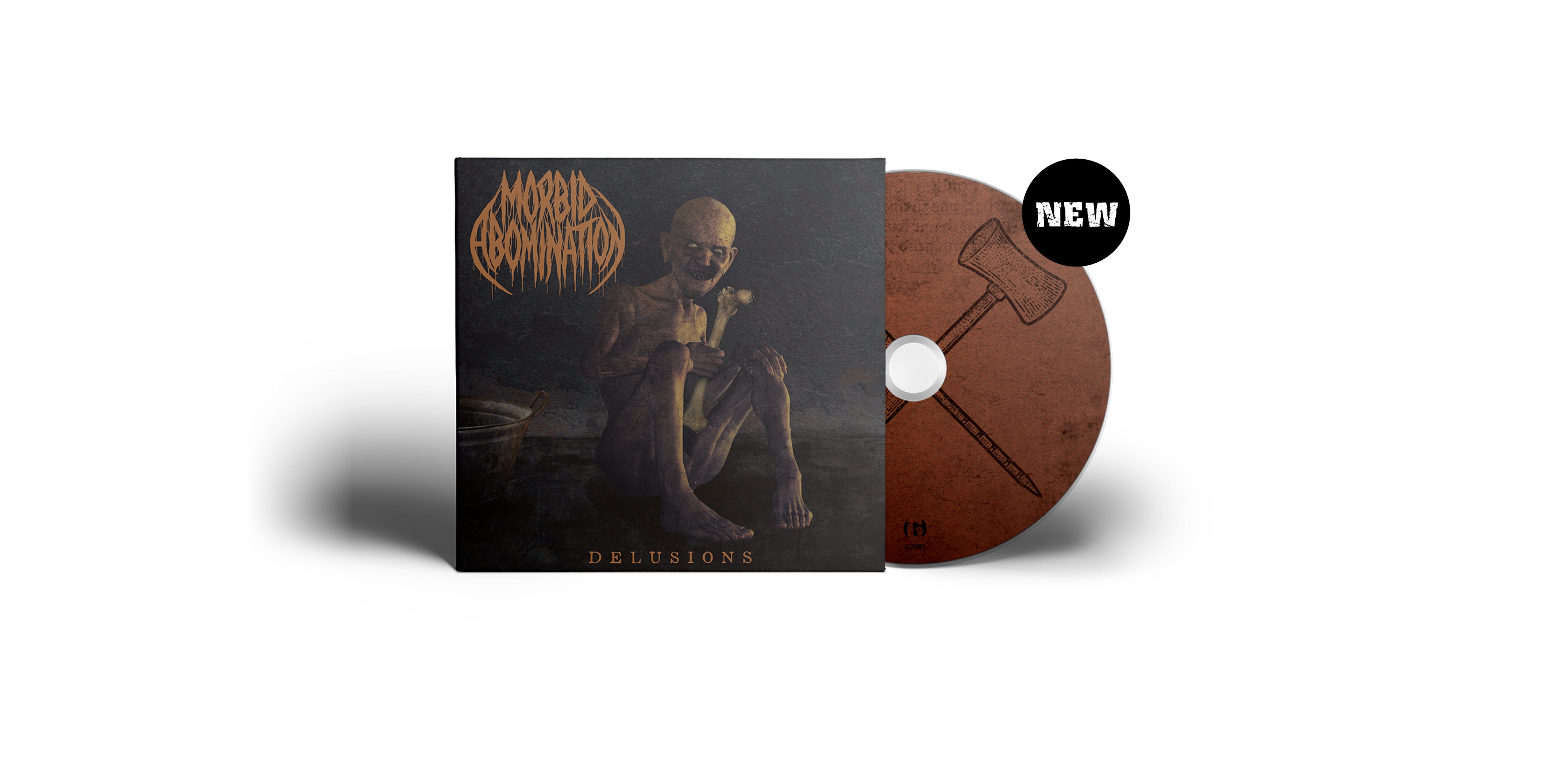 Das Album "Delusions" von Morbid Abomination. Dunkelgraues Cover mit einer sitzenden nackten Person, braune Disc mit schwarzem Aufdruck. Rechts davon ein schwarzer Button mit dem Text "NEW"