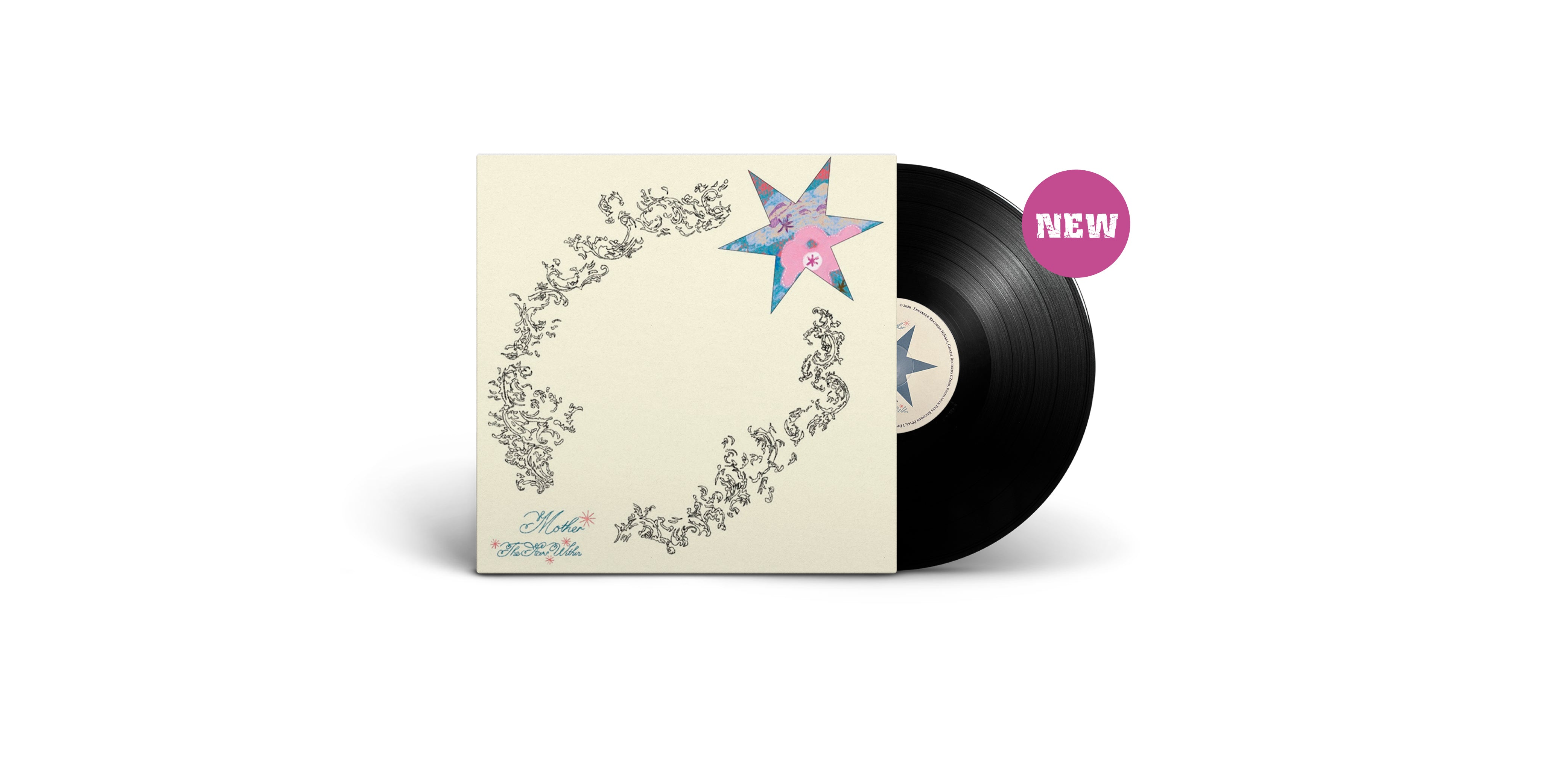 Das Album "The Stars Within" von Mother. Beiges Cover mit Stern-Motiv, schwarze Schallplatte. Rechts ein pinker Button mit dem Text "NEW"