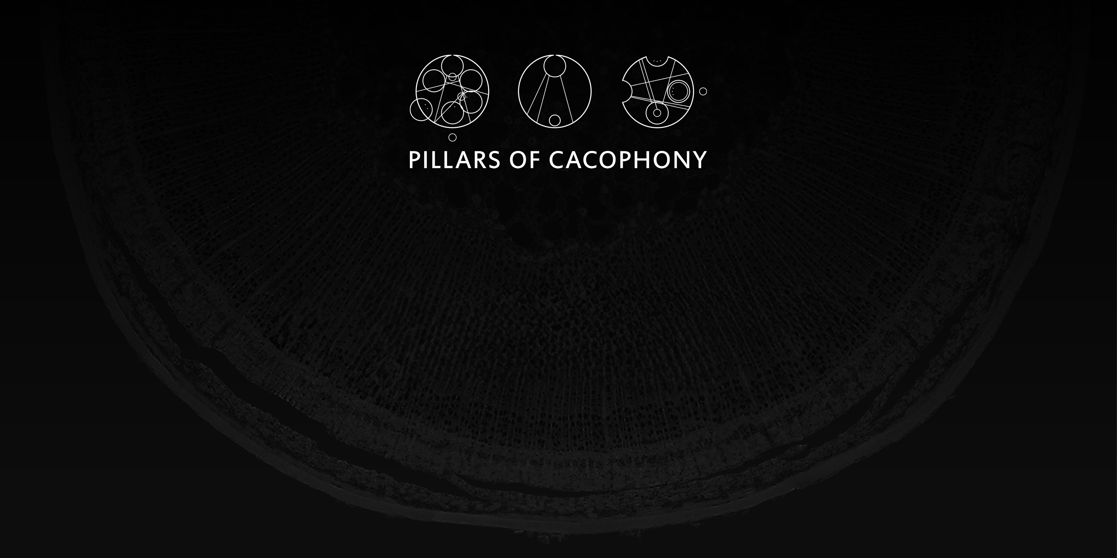 Im Hintergrund ein rundes Motiv in verschiedenen Graustufen. Oben in der Mitte das Logo der Band "Pillars of Cacophony".