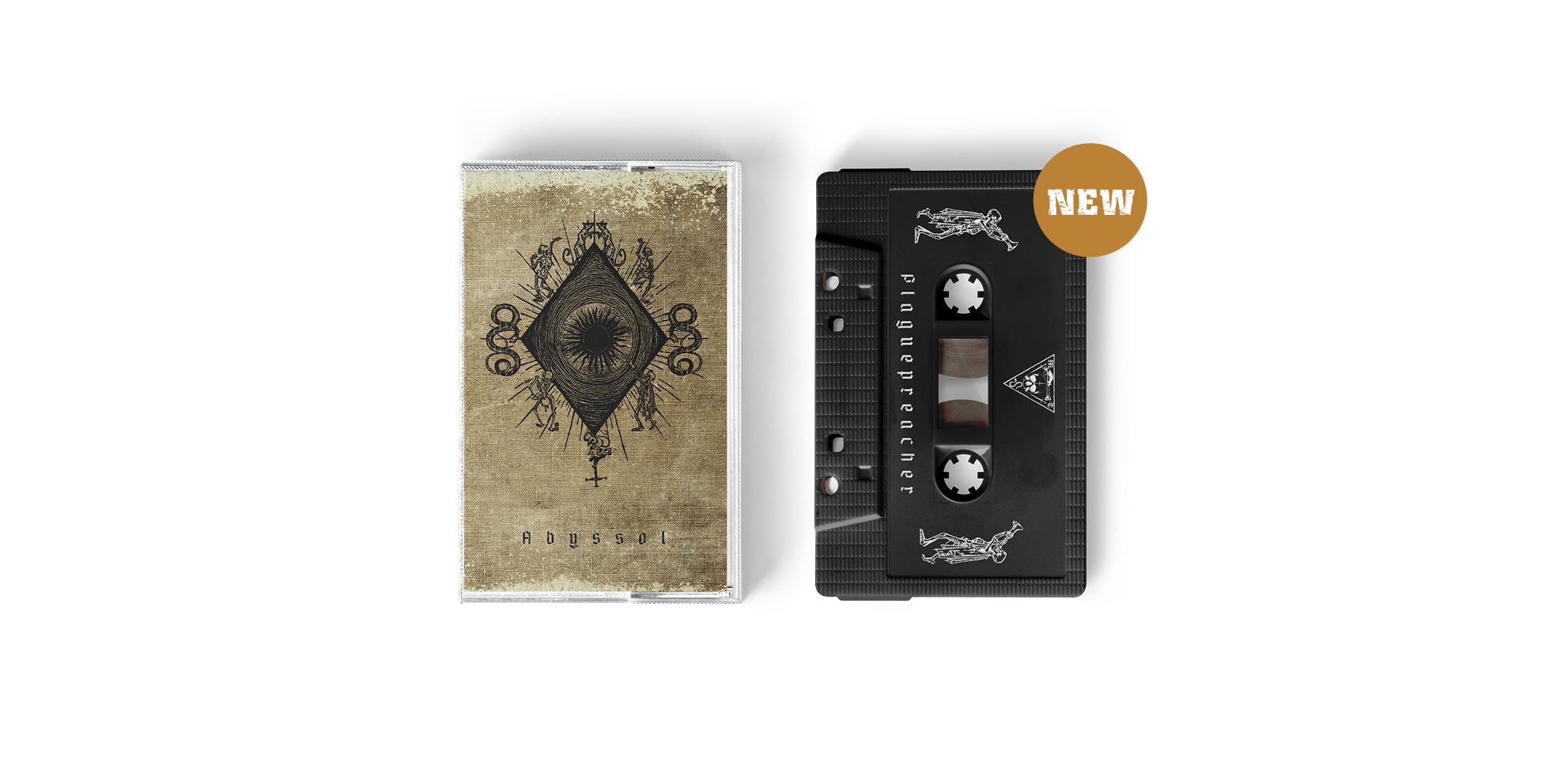 Das Album "Abyssol" der Band Plaguepreacher auf Tape. Braun-beiges Tape-Cover mit schwarzem Motiv, schwarzes Tape mit weißer Schrift. Rechts oben ein Störer mit dem Text "NEW".