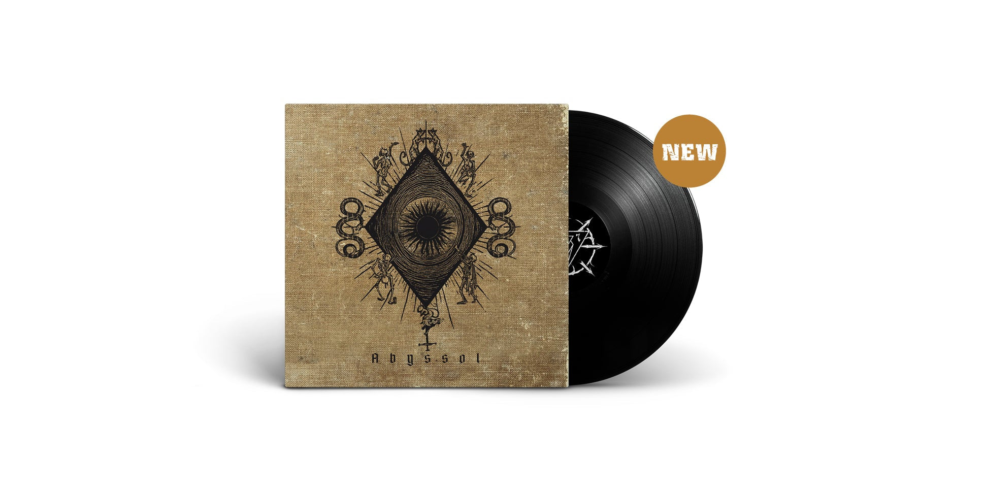 Das Album "Abyssol" der Band Plaguepreacher. Braun-beiges Vinyl-Cover mit schwarzem Motiv, schwarze Schallplatte. Rechts oben ein brauner Störer mit dem Text "NEW".